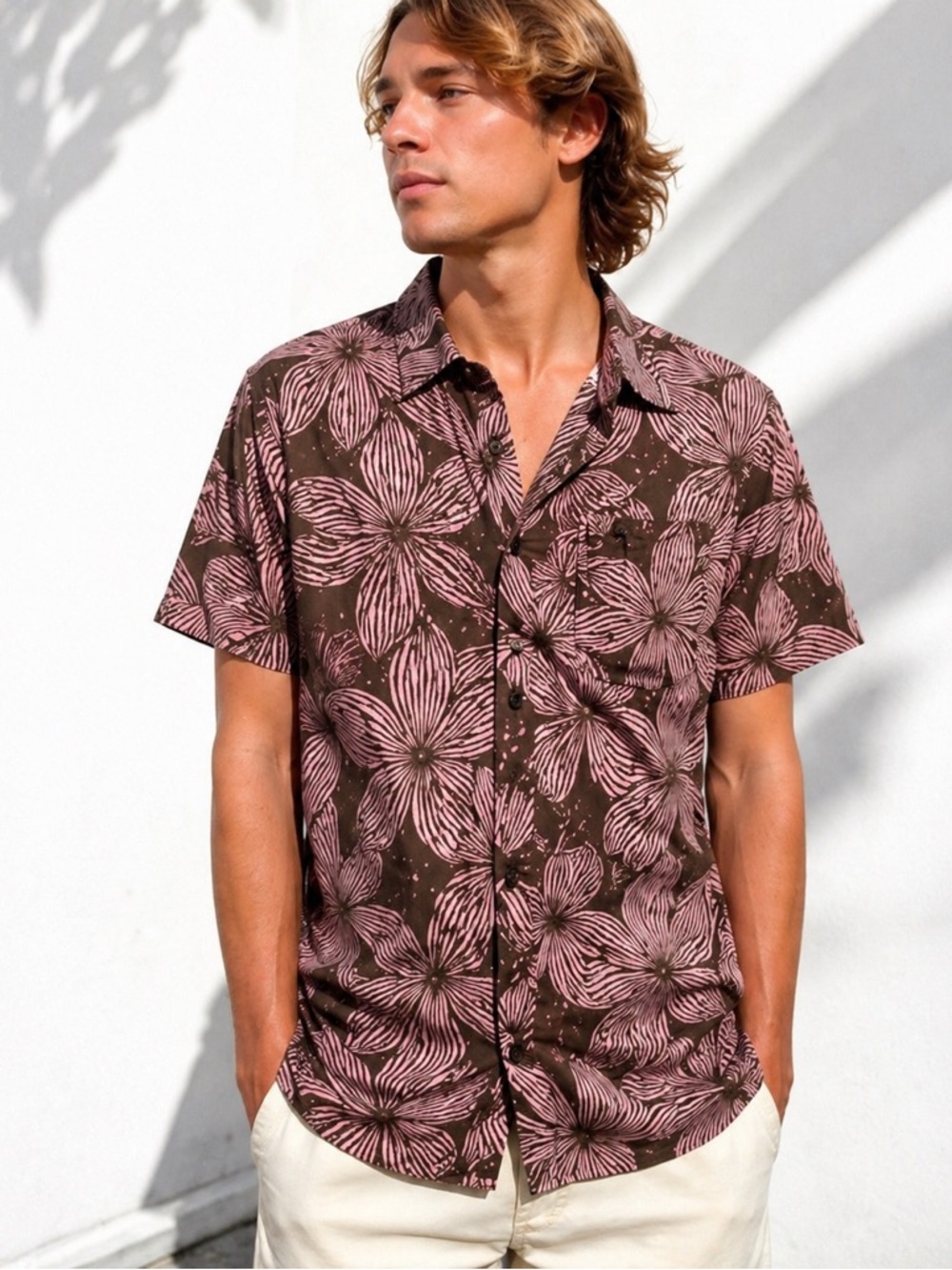 Vissla Men’s Small Floral Hawaiian Shirt Organic Cotton Pink Brown Surf